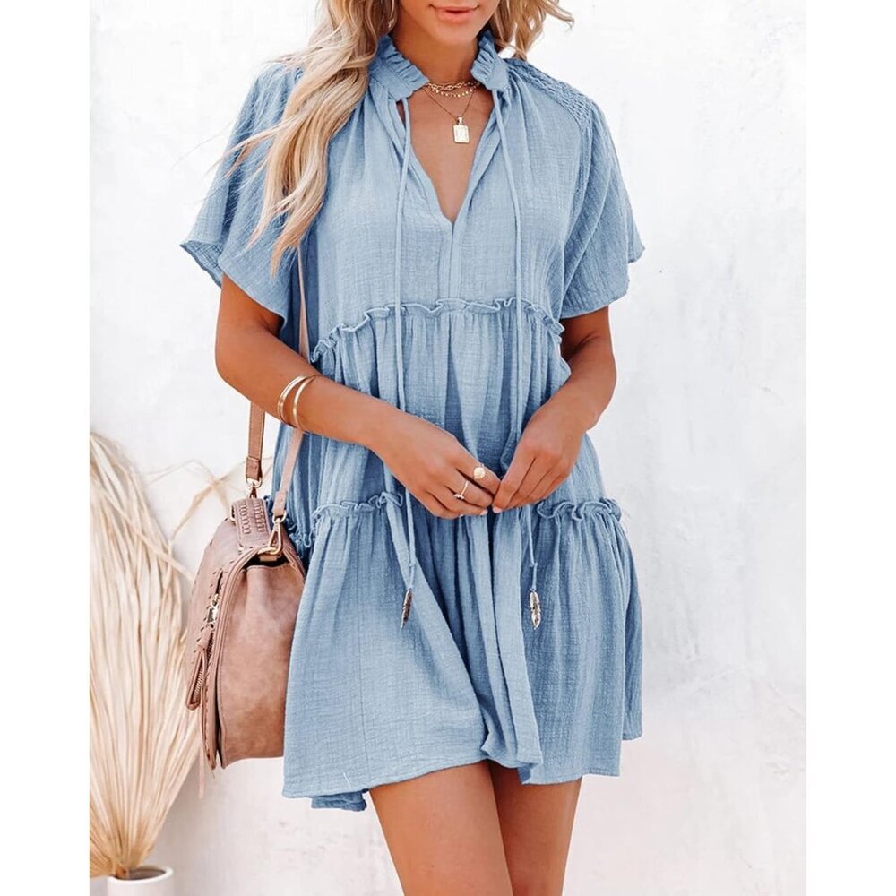Women's Cotton V-Neck Ruffle Tiered Short Sleeve Babydoll Sundress - Picture 2 of 5